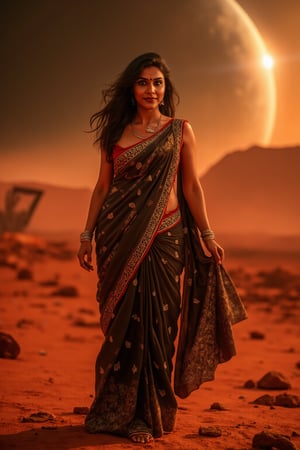 Mars Explorer in Traditional Attire
"A stunning Indian woman stands on the red, rocky surface of Mars, blending elements of her cultural heritage with futuristic technology. Mars rover near She wears a sleek saree, with glowing neon accents:1, customized to reflect traditional Indian motifs, such as intricate gold patterns and a sari-like drape over her shoulder. Her hair wave, mars effect, mars havy sand storm:1.4, revealing a radiant face with sharp, determined eyes. The harsh Martian environment contrasts with her beauty, while the backdrop features the dusty Martian landscape, distant planets, and a futuristic space colony on the horizon. The lighting is dramatic, with warm tones highlighting the red sands of Mars, creating a powerful, cinematic scene captured in ultra-realistic photography."

Details: face texture, perfect eyes, 5 finger on each hands, hair details, costume texture perfect, symmetry, Sharp background,