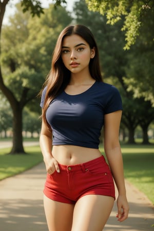  a young and beautiful Indian woman wearing t-shirt,walking in park, looking directly into the camera.

The image quality is exceptional, ranging from 4k to 8k, ensuring a masterpiece level of detail. It's characterized by its ultra-realism, allowing for photorealistic renditions. striking pose, the  Her eyes, lips, and eyelashes are all meticulously detailed.",tall woman with yellow eyes