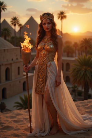 Real photography, cinematic, A beautiful priestess of ancient Mesopotamia looking at the viewer, adorned in a flowing linen gown with intricate gold and lapis lazuli jewelry, stands before ancient mesopotamian buildings at dusk. Her long, dark hair is braided with golden threads, and she holds a clay tablet inscribed with cuneiform symbols.  Torches flicker in the warm desert breeze. The sky glows with the setting sun, casting a deep orange hue over the landscape and illuminating the fertile crescent below. Palm trees sway in the distance
