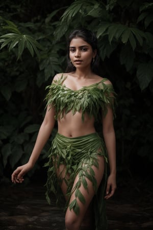 A majestic young woman emerges from the verdant foliage, adorned entirely in a stunning ensemble crafted from delicate Plantain leaves. Red yellow brown colour leafs, Her slender figure is enveloped by a flowing, ethereal gown constructed from thousands of intricately arranged leaves, their gentle curves and soft sheen creating a mesmerizing effect.

The leafy fabric drapes effortlessly around her lithe physique, the subtle rustling of each leaf underscoring the gentle movement of her body as she moves. Her private areas are discreetly concealed by a delicate leafy barrier, its edges carefully positioned to maintain modesty while still showcasing the natural beauty of the surrounding foliage.

The soft, golden light of the sun filters through the leafy canopy above, casting dappled shadows across her skin and illuminating the intricate patterns of the Plantain leaves. A sprinkling of dew-kissed droplets glistens on the leaves, imbuing the overall scene with a serene, idyllic quality.

As she stands within this natural setting, the young woman's presence seems almost an extension of the surrounding vegetation, as if she has been organically grown from the very earth itself. The Plantain leaf costume appears not only beautiful but also eerily lifelike, blurring the lines between her and the natural world around her.,Blossom lady 