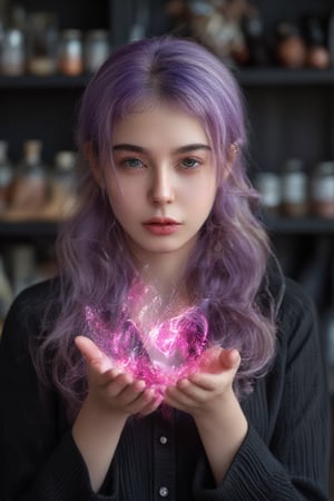 long wavy lavender haired beautiful witch with emerald green eyes and weaving a spell causing pink magical particles to appear iover her head between her hands. background in a witch alchemy lab.,Girl16yo