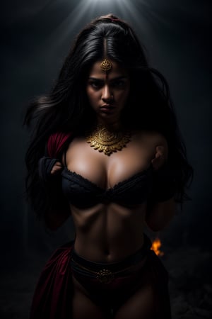 
A powerful and terrifying portrayal of the Hindu goddess Kali Maa, depicted with either black or dark blue skin that radiates an ominous, supernatural energy. She has a third eye on her forehead, symbolizing her omniscient power and fierce nature. Her presence dominates the dark night, with a cinematic atmosphere that features detailed color grading to enhance the horror theme.

Captured from a high-angle perspective, a woman dressed in a red and white costume is stunning. She is adorned with a black and white checkered pattern on her chest, a black belt around her waist, and a gold medallion hanging from her neck. Her hair is styled in a ponytail, and she is wearing a pair of fluffy white ears on her head. Her eyes are a piercing red, and her hair is a dark brown. Her costume is reminiscent of an anime character, with a white and red costume. She stands in front of a backdrop of televisions that are lit up, creating a vibrant and colorful backdrop.

Kali Maa is adorned with gold ornaments that contrast against her dark skin, glinting ominously in the low light. Her hair is wild and dirty, flowing chaotically around her as if animated by her wrathful energy. She has ten hands, each holding a different mythological weapon, and a garland of skulls hangs around her neck, symbolizing her dominion over death and destruction.

The background is shrouded in darkness, with hints of eerie, otherworldly light that cast shadows on her fearsome form. The scene is set with a sense of impending doom, capturing the essence of Kali Maa as both a protector and a destroyer. Her expression is fierce and unyielding, embodying the terrifying beauty and power of this revered goddess.
