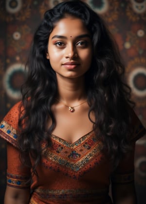 Capture a masterpiece of photography featuring a stunning girl with long, curly black hair (1.1) and intricate details in her school uniform, complete with a miniskirt and random colors. The scene is set in front of a striking fractal pattern (abstract) that creates a sense of depth and dimensionality. Professional HDR lighting (8k UHD RAW photo) casts a cinematic glow, accentuating the subject's features while also capturing the subtle play of iridescent lighting on her skin. Jewelry (1.4) adorns her neck, drawing attention to her radiant smile as she faces the viewer directly. The image is rendered in breathtaking detail, with every curl of hair and fold of fabric meticulously captured. Apply a realistic LUT for a true-to-life representation.,SH,Yakshi28 