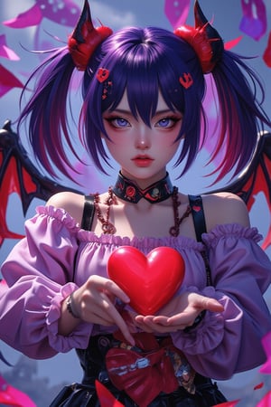 1girl, solo, looking at viewer, blue eyes, twintails, purple eyes, purple hair, heart, wings, horns