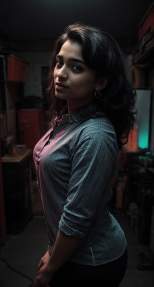 Cyberpunk, Neon glow, masterpiece, high resolution, best quality, 4k, 1girl, solo, beauty photo, amateur photo, 1girl, eye level, oversized button-up shirt, and hoop earrings, Teal-colored Flat ironed straight, stand pose in locker room,lighting,photorealistic,Curly girl ,redneonstyle,Rebecca ,Mallu girl ,Tamil girl