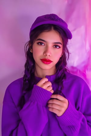 A photorealistic full-body portrait of a stunning 21yo hubggirl with perfect hands. She wears a vibrant purple sweater and double braids adorned with tiny earrings. Her shoulder-length purple hair is styled in intricate braids that cascade down her back. Her eyes are a deep, rich purple, framed by thick eyelashes and subtle makeup. A bold red lip color adds a pop of brightness to the overall gradient background, which transitions seamlessly from pink to purple. The subject's gaze is direct, with a hint of sassiness as she wears a trendy hat and sports a confident smile. Shut up, indeed!,Teenager 