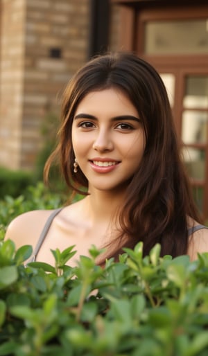 A 35mm frame captures Kalyani Priyadarsh's radiant smile as she stands outdoors, surrounded by lush green bushes and a brick building's rustic charm. Her soft, wavy brown hair caresses her cheeks. The natural light illuminates her porcelain complexion, accentuating her elegant features. Her eyes sparkle with warmth, drawing the viewer in. Notice the gentle curve of her lips and the subtle definition of her eyebrows. A hint of transparency reveals a glimpse of her navel, adding an air of mystique to her allure. The camera's lens is unobstructed, allowing for a crisp, realistic rendering, inviting the viewer to step into this captivating scene.