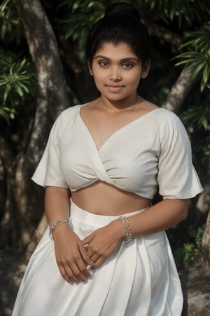 A young woman with long, brown hair tied in a sleek ponytail and warm, brown eyes gazes directly at the viewer from the edge of a lush green plant-filled backdrop. She wears a white shirt with short sleeves, a pink skirt that falls just above her knees, and black footwear. A delicate silver necklace and matching bracelet adorn her wrist, accompanied by a sparkling ring on her left hand. Her dark skin glows with a subtle tan, adding depth to her natural beauty as she stands confidently in the frame, her smile radiant and inviting.