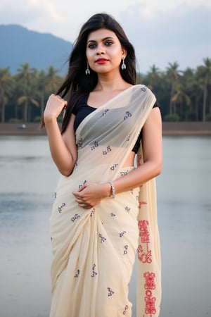 best quality, highres, ultra-detailed:1.2), eye-level capture, cloudy day, a woman dressed in a cream-colored saree with black designs, standing in front of a body of water, wearing a black blouse, long dark brown hair flowing, white bracelets on her wrists, her saree draped over her left shoulder, a white sari tied around her waist adorned with red designs, adding a pop of color, blurred backdrop with trees and a mountain in the distance, soft natural lighting, realistic textures.