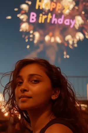 Cinematic shot of a beautiful 23-year-old birthday girl, looking into the camera, fireworks in the sky spelling "Happy Birthday" in colorful letters, shot with ARRI Alexa XT, ultra-realistic, high-definition details, soft lighting highlighting her features, joyful and celebratory expression, fireworks and vibrant colors lighting up the sky, detailed textures on skin and hair, perfect for a dramatic birthday scene, full of celebration.
