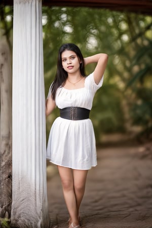 27 year old woman, mallu , solo, long hair, breasts, looking at viewer, brown hair, dress, bare shoulders, brown eyes, standing, collarbone, outdoors, parted lips, sky, day, off shoulder, white dress, blurry, tree, lips, blurry background, realistic,<lora:659111690174031528:1.0>