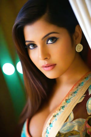 A beautiful Indian woman, 32, wearing a traditional saree with rich colors and intricate patterns, draped to reveal her midriff and navel. Big breasts are accentuated by the matching blouse (choli) with short sleeves and deep neckline. The pallu drapes softly over her shoulder, while her jewelry sparkles in warm, natural lighting. Cinematic shadows and bokeh create depth of field 1.3, capturing every detail of her skin, fabrics, and textures.

She stands elegantly, poised in a smokey atmosphere, bathed in ethereal light that highlights her stunning features. Fair skin glows under cinematic lighting, with perfect eyes and nose. Drill Spring-inspired hairstyle frames her face, showcasing intricate details and complex patterns that pop in hyper-visual fashion. Stunning HDR and UHD render this unreal engine creation with gorgeous light and shadow.

Framing: Softly lit, focusing on her elegant pose and cultural richness of attire. Cinematic angle, high detail RAW photo, extremely detailed skin, photorealistic, heavy shadows, dramatic lighting.

Composition: Perfect face and body, dimly lit, nervous, harsh camera flash, faded film, desaturated, 35mm photo, grainy, Kodachrome, Lomography, stained, highly detailed.