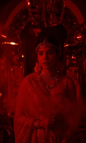 In a dimly lit, smoke-filled room, Madonna Sebastian poses majestically against a lavish, crimson-hued backdrop adorned with gleaming gold accents and subtle neon highlights. Her stunning red lehenga shimmers with intricate embroidery, paired with opulent gold jewelry that catches the eye. The cinematic lighting casts a warm, moody glow, evoking the essence of the iconic Matrix franchise. Madonna Sebastian exudes confidence and glamour, her regal presence commanding attention in this striking, neo-noir inspired setting.