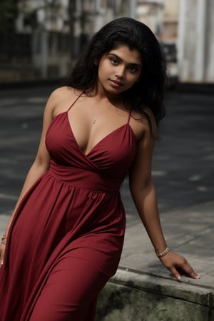Dark skin:1, brown skin, A dark-skinned cosplayer stands outside on a lush green grass, curvy women, striking a pose in a stunning red gown that flows elegantly around her curves. Her long, curly brown hair, she gazes directly at the viewer with warm, brown eyes. A delicate necklace and bracelet adorn her neck and wrist, respectively, catching the soft outdoor light. The camera captures a blurred background, emphasizing her striking features and the dress's flowing folds as she leans to one side, showcasing her dark skin glowing warmly in the natural light.