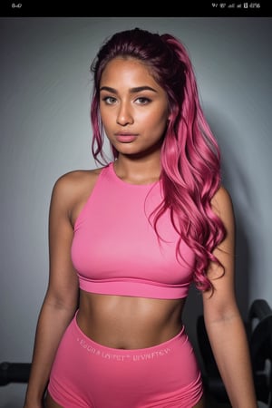skistyle, 1girl, beautiful, solo, cute look, heavy cat eye makeup, (pink hair), button nose,  (Very dark and long eyelashes), innocent (egirl makeup) (hair in two buns) (unique facial features)

Wearing gym shorts, with a crop top,Brown tone Beauty