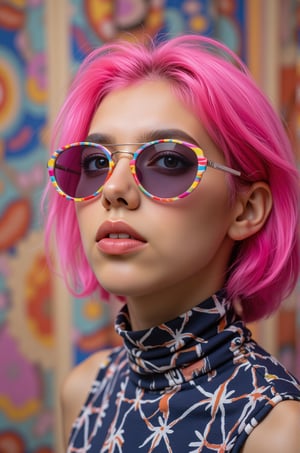 A vibrant, close-up portrait of a young woman with pink hair, wearing oversized, colorful sunglasses, and patterned turtleneck, abstract, textured background | pop art style, bold colors, detailed, highly stylized | photorealistic | studio lighting
,cinematic , film grain, Short telephoto focal length, shot on ALEXA 65