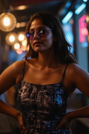 A woman posing confidently, radiant in a metallic dress with digital patterns and neon accents, against a blurred backdrop of vintage circuitry and neon lights. Soft, warm lighting highlights her features, oversized glasses with futuristic lenses reflecting a digital glow. Her stylish gaze is set off by the retro-futuristic atmosphere, as if stepping out of a 1980s time capsule.,NeemoFairy,Liminal Space,Ambience Steampunk,Mallu beauty 