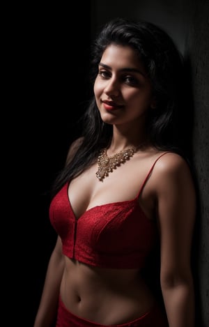 A mysterious figure emerges from the shadows. A 25-year-old woman with brown skin and long, black hair stands confidently, standing:1, spot light on face,  shot from above, side face from above angle, her piercing gaze meeting the viewer's as a gentle smile spreads across her face. She wears a stunning red dress that clings to her curves, its hemline grazing her midriff. A necklace glimmers around her neck, complemented by a bracelet that adorns her wrist. The dim light casts an eerie atmosphere, with the subject's features slightly blurred, as if shrouded in mystery.