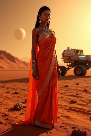 Mars Explorer in Traditional Attire
"A stunning Indian woman stands on the red, rocky surface of Mars, blending elements of her cultural heritage with futuristic technology. She wears a sleek, saree, with glowing neon accents, customized to reflect traditional Indian motifs, such as intricate gold patterns and a sari-like drape over her shoulder. Rover bihind Her,  revealing a radiant face with sharp, determined eyes. The harsh Martian environment contrasts with her beauty, while the backdrop features the dusty Martian landscape, distant planets, and a futuristic space colony on the horizon. The lighting is dramatic, with warm tones highlighting the red sands of Mars, creating a powerful, cinematic scene captured in ultra-realistic photography.",Futuristic 