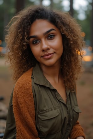 Generate an image of a stunning 18-year-old petite teenager, young, youth, child, kid, blending Black and Spanish heritage. She has fluffy curly golden brown hair, Type 4 hair, lush and vibrant, falling in loose waves down her back.

Setting:
- Outdoor: A serene mountain campsite at dusk, mountain view
- Soft, warm lighting with subtle shadows and twinkling string lights
- Tall trees surrounding a cozy clearing, with a crackling campfire and rustic wooden benches
- Camping gear and equipment subtly integrated into the scene

Physical Description:
- Fair skin with a subtle, sun-kissed glow
- Bright, expressive hazel eyes
- olive, dark Italian skin

Outfit:
- Comfortable, green earth-toned camping shirt (flannel or fleece)
- Practical hiking pants or leggings
- Warm, cozy cardigan 
- Sturdy hiking boots

Style:
-Effortless, coastal chic
- Confident, carefree, innocent pose

Mood:
- Serene, joyful, and radiant
- Capturing the essence of a relaxed summer afternoon
Inspired by singer Tyla's vibrant energy and style, create a breathtaking image that embodies beauty, elegance, and a laid-back coastal vibe.