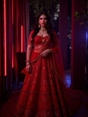 Cool cinematic lighting, matrix movie theam,A stunning Madona Sebastian, dressed in a rich red lehenga with intricate embroidery, paired with heavy gold jewelry She stands against a luxurious Hollywood-style backdrop, with subtle neon accents to emphasize her glamorous attire, DuaLipaFlux