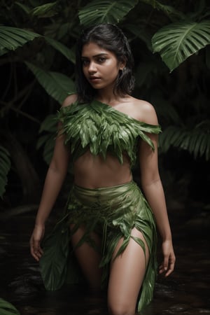 A majestic young woman emerges from the verdant foliage, adorned entirely in a stunning ensemble crafted from delicate Plantain leaves. Her slender figure is enveloped by a flowing, ethereal gown constructed from thousands of intricately arranged leaves, their gentle curves and soft sheen creating a mesmerizing effect.

The leafy fabric drapes effortlessly around her lithe physique, the subtle rustling of each leaf underscoring the gentle movement of her body as she moves. Her private areas are discreetly concealed by a delicate leafy barrier, its edges carefully positioned to maintain modesty while still showcasing the natural beauty of the surrounding foliage.

The soft, golden light of the sun filters through the leafy canopy above, casting dappled shadows across her skin and illuminating the intricate patterns of the Plantain leaves. A sprinkling of dew-kissed droplets glistens on the leaves, imbuing the overall scene with a serene, idyllic quality.

As she stands within this natural setting, the young woman's presence seems almost an extension of the surrounding vegetation, as if she has been organically grown from the very earth itself. The Plantain leaf costume appears not only beautiful but also eerily lifelike, blurring the lines between her and the natural world around her.