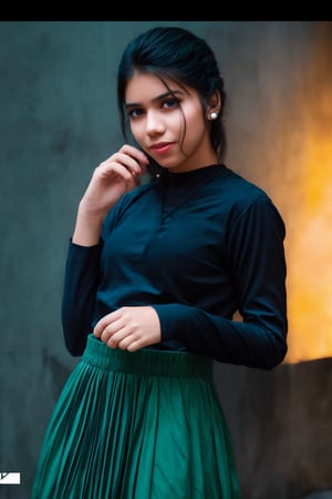 A teenage girl stands still against a rustic wooden wall with a pale blue sky in the background. She is wearing a blue long-sleeved shirt and a red skirt, accessorized with a ring on her finger and earrings in her ears. Her sleek, ponytailed hair is neatly styled, and her neutral expression carries a hint of a subtle smile. The image features cinematic color grading with Matrix movie color tones, enhanced with Tron Legacy movie style. The scene has a neon atmosphere, with a futuristic gadget in view, creating the look of a game character.
