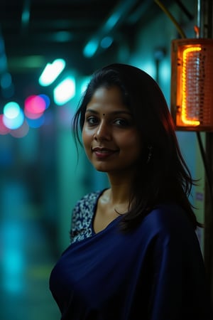 A beautiful mallu women, teal and orange colour lighting in background, futuristic subway, pipeline , wires, light indicators, intricate background, realism,realistic,raw,analog,portrait,photorealistic, taken by Canon EOS,SIGMA Art Lens 35mm F1.4,ISO 200 Shutter Speed 2000,Vivid picture,Mallu beauty, The atmosphere is fun and inviting, featuring colors like black, blue, dark blue, dark purple, gray, light green, purple, and orange. Neon lights in pink, blue, and green illuminate the space, creating a bokeh and Depth of Fieldeffect. The focus is on the girl from the torso to the head, captured in a cinematic style with a Sony A7R IV full-frame camera,Mallu beauty,futuristicportrait,Mallu beauty 