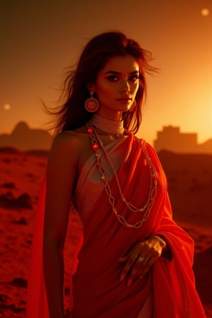 Mars Explorer in Traditional Attire
"A stunning Indian woman stands on the red, rocky surface of Mars, blending elements of her cultural heritage with futuristic technology. Mars rover near She wears a sleek saree, with glowing neon accents:1, customized to reflect traditional Indian motifs, such as intricate gold patterns and a sari-like drape over her shoulder. Her hair wave, mars effect, mars havy sand storm:1.4, revealing a radiant face with sharp, determined eyes. The harsh Martian environment contrasts with her beauty, while the backdrop features the dusty Martian landscape, distant planets, and a futuristic space colony on the horizon. The lighting is dramatic, with warm tones highlighting the red sands of Mars, creating a powerful, cinematic scene captured in ultra-realistic photography."

Details: face texture, perfect eyes, 5 finger on each hands, hair details, costume texture perfect, symmetry, Sharp background,