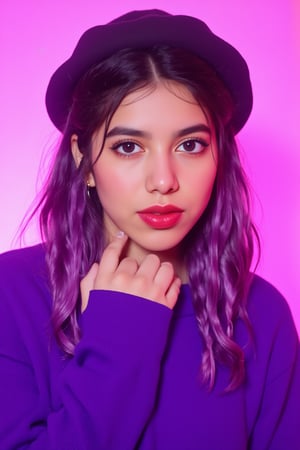 A photorealistic full-body portrait of a stunning 21yo hubggirl with perfect hands. She wears a vibrant purple sweater and double braids adorned with tiny earrings. Her shoulder-length purple hair is styled in intricate braids that cascade down her back. Her eyes are a deep, rich purple, framed by thick eyelashes and subtle makeup. A bold red lip color adds a pop of brightness to the overall gradient background, which transitions seamlessly from pink to purple. The subject's gaze is direct, with a hint of sassiness as she wears a trendy hat and sports a confident smile. Shut up, indeed!,Teenager 