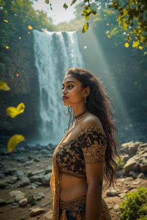 A stunning woman standing near Athirappilly waterfalls, cinematic shot, ultra-realistic details, midriff exposed, Deep navel, sunlight illuminating her face, light rays filtering through the trees, lush greenery around, falling leaves gently drifting from the trees, mist from the waterfall adding a dreamy effect, dramatic depth of field, 8K resolution.,Fantasy Regal Artgem,XChrisx