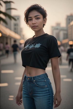 Girl, solo, short hair, white, clean face, shirt, clean shave:1.3,city background, jeans , navel, seducing, , short sleeves, black shirt, t-shirt, realistic, best quality, hires, intricate details, reflections, photographed on a Canon EOS R5, 50mm lens, F/2.8, HDR, 8k resolution, ray-tracing,z1l4,realistic