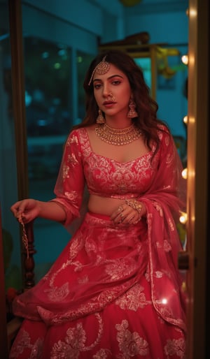 Cool cinematic lighting, matrix movie theam,A stunning Madona Sebastian, dressed in a rich red lehenga with intricate embroidery, paired with heavy gold jewelry She stands against a luxurious Hollywood-style backdrop, with subtle neon accents to emphasize her glamorous attire.,Madona Sebastian 