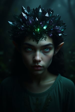 A dark and ethereal portrait of an elf in which her pale skin contrasts with the gloom that surrounds her. Her almond-shaped eyes, a deep and mysterious green, shine with an aura of ancient magic and hidden power. Her face is framed by strands of dark, almost black hair that fall in soft waves, highlighting its delicate but imposing beauty. He wears a crown of dark, sharp crystals that seem to grow directly from his skull, radiating a cold, spectral glow. The crystals glow with a dark light, reflecting flashes of deep blue, purple, and black, as if imbued with forbidden magic. Shadows cling to his figure, enhancing the atmosphere of mystery, while ancient marks and runes appear subtly on his skin, emitting a hidden energy. The background is composed of hazy shadows and diffuse shapes, as if the world is fading around them, focusing only on their imposing and disturbing presence. The atmosphere is haunting and mystical, with a sense of latent danger emanating from its powerful presence,crystalz