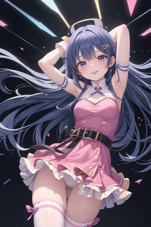 Realistic, human, Captured from a high-angle perspective, a girl with long dark blue hair, wearing a pink and yellow dress, adorned with a black belt. The arms are raised in the air, adding a touch of balance to the scene. The background is a vibrant purple hue, with white dots dotting the ceiling. To the right of the girl,a drum set is visible. 1girl, solo, long hair, looking at viewer, smile, bangs, hair ornament, thighhighs, gloves, dress, blue hair, purple eyes, heart, frills, tongue, hairclip, tongue out, pink dress, idol, pink thighhighs, pink gloves, maizono sayaka