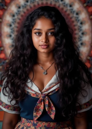 Capture a masterpiece of photography featuring a stunning girl with long, curly black hair (1.1) and intricate details in her school uniform, complete with a miniskirt and random colors. The scene is set in front of a striking fractal pattern (abstract) that creates a sense of depth and dimensionality. Professional HDR lighting (8k UHD RAW photo) casts a cinematic glow, accentuating the subject's features while also capturing the subtle play of iridescent lighting on her skin. Jewelry (1.4) adorns her neck, drawing attention to her radiant smile as she faces the viewer directly. The image is rendered in breathtaking detail, with every curl of hair and fold of fabric meticulously captured. Apply a realistic LUT for a true-to-life representation.,SH,Yakshi28 