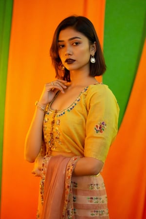 a woman dressed in a traditional Indian outfit stands in front of a vibrant orange backdrop. The woman's outfit is adorned with a yellow blouse, adorned with blue, red, and orange accents. She is wearing a pair of silver earrings, and a ring on her finger. Her hair is styled in a sleek bob, and her eyes are focused on the camera. She has a serious expression on her face, and she is wearing black lipstick. Her left hand is draped over her right shoulder, adding a touch of contrast to her outfit. The backdrop is a combination of green and orange, creating a striking contrast to the woman's body.,Payal