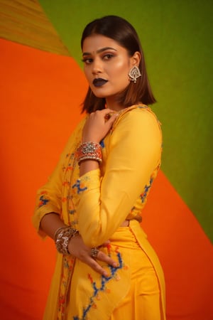 a woman dressed in a traditional Indian outfit stands in front of a vibrant orange backdrop. The woman's outfit is adorned with a yellow blouse, adorned with blue, red, and orange accents. She is wearing a pair of silver earrings, and a ring on her finger. Her hair is styled in a sleek bob, and her eyes are focused on the camera. She has a serious expression on her face, and she is wearing black lipstick. Her left hand is draped over her right shoulder, adding a touch of contrast to her outfit. The backdrop is a combination of green and orange, creating a striking contrast to the woman's body.,Payal