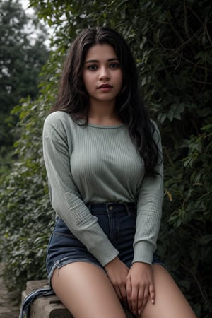 The image is a portrait of a woman positioned outdoors. The subject's attire and pose suggest a casual, possibly autumnal setting. The background, consisting of green foliage, provides a natural backdrop that contrasts with her warm-toned clothing. There is no explicit context provided within the image itself.