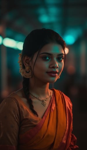 A beautiful mallu women in a train, realistic  raw photo, details, 8k, cinematic color grading, Teal and orange color lighting 