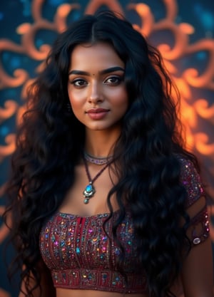 Capture a masterpiece of photography featuring a stunning girl with long, curly black hair (1.1) and intricate details in her school uniform, complete with a miniskirt and random colors. The scene is set in front of a striking fractal pattern (abstract) that creates a sense of depth and dimensionality. Professional HDR lighting (8k UHD RAW photo) casts a cinematic glow, accentuating the subject's features while also capturing the subtle play of iridescent lighting on her skin. Jewelry (1.4) adorns her neck, drawing attention to her radiant smile as she faces the viewer directly. The image is rendered in breathtaking detail, with every curl of hair and fold of fabric meticulously captured. Apply a realistic LUT for a true-to-life representation.,SH,Yakshi28 