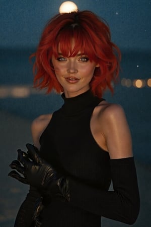 Generate hyper realistic image of a woman with luscious red locks stands outdoors at night, the moonlight casting a soft glow on her flawless complexion. Her short hair is tousled by the gentle breeze, and she wears tight black gloves that hug her slender arms. With confidence in her stance and a subtle smirk playing on her lips, she exudes an aura of mystery and allure, captivating the viewer's attention under the starry night sky.