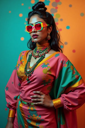 A stylish Mallu girl with a curvy, sexy figure poses confidently in a modern, non-traditional outfit adorned with traditional ornaments. She wears oversized, colorful sunglasses and a bold, patterned turtleneck that stands out against a teal and orange background, graded with cinematic color tones. The scene captures a complex, action-oriented pose reminiscent of cyberpunk themes from Blade Runner and The Matrix, set in a highly stylized, photorealistic CGI environment. The abstract, textured background adds a pop art flair with bold, vibrant colors, enhancing the modern, high-quality 32K masterpiece. Studio lighting accentuates every detail, bringing a mix of traditional elements and futuristic vibes together in this dynamic composition,xamala,Amala Paul