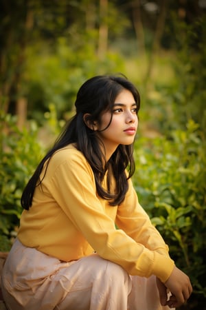 A stunning portrait of Kalyani Priyadarshan, framed by a warm golden light. She sits serenely in a lush greenery-filled setting, her long hair cascading down her back like a gentle waterfall. Her eyes sparkle with quiet confidence as she gazes softly into the distance.,Sahana15 