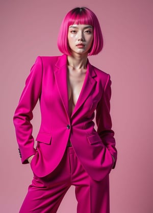 A striking abstract fashion shoot featuring a beautiful pink supermodel with a straight pink bob hairstyle in sexy obscure clothes, obscure locations, obscure poses, obscure make up