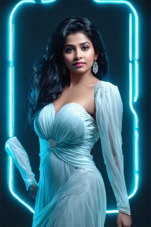 a Indian woman in futuristic dress is posing in front of a neon light, in the style of realistic hyper-detailed rendering, white and cyan, greeble, timeless grace, evgeni gordiets, blink-and-you-miss-it detail, otherworldly beings --ar 51:91 --style raw --s 750 --v 5.1