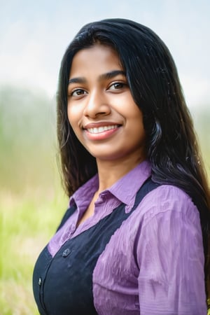 1girl, solo, long hair, looking at viewer, smile, shirt, black hair, outdoors, mole, grin, black eyes, mole under mouth, realistic