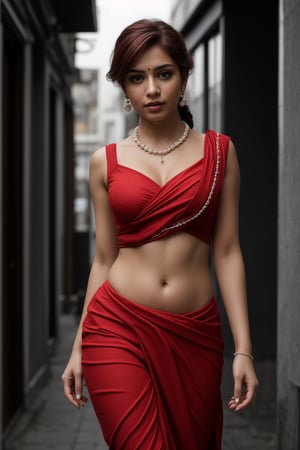 Russian girl, in city, out side, Red hair braided hair:2, She remove Her red saree from  navel and exposed Her big navel:2,  front view, braided hair tail, A sultry shot of a 38-year-old plump woman wearing a stunning traditional saree:2, showcasing her curvy figure. She poses solo-focused, looking directly at the viewer with alluring red hair. Her thick body is accentuated by a sleeveless dress and hotpants, while her big breasts are barely contained within the saree's folds. A pearl necklace adorns her neck, complemented by dangling earrings and a bracelet. Her lips pout slightly, inviting attention to her T-shaped navel. The background is blurry, with a ground vehicle visible in the distance. Her eyes, like perfect pearls, gaze directly at us, captivating our attention.,Saree ,Indian woman