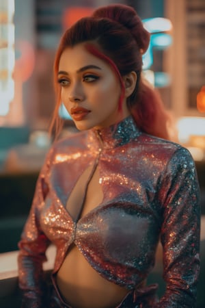 In a futuristic cityscape at dusk, a stunning supermodel poses against a sleek, metallic backdrop, her midriff exposed. The neo-mode aesthetic is characterized by vibrant colors and exquisite details. Her face, with intricate features, is the focal point, as her complex colored irises seem to hypnotize. A wild, avant-garde hairstyle adds to the surreal charm. Soft, golden light casts a flattering glow, accentuating her porcelain skin and highlighting the subtle texture of her skin. The overall composition is symmetrical and fluid, with an ethereal aura that seems to defy time and space.