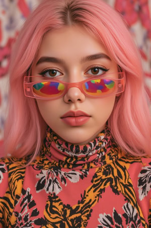 A vibrant, close-up portrait of a young woman with pink hair, wearing oversized, colorful sunglasses, and patterned turtleneck, abstract, textured background | pop art style, bold colors, detailed, highly stylized | photorealistic | studio lighting
,cinematic , film grain, Short telephoto focal length, shot on ALEXA 65